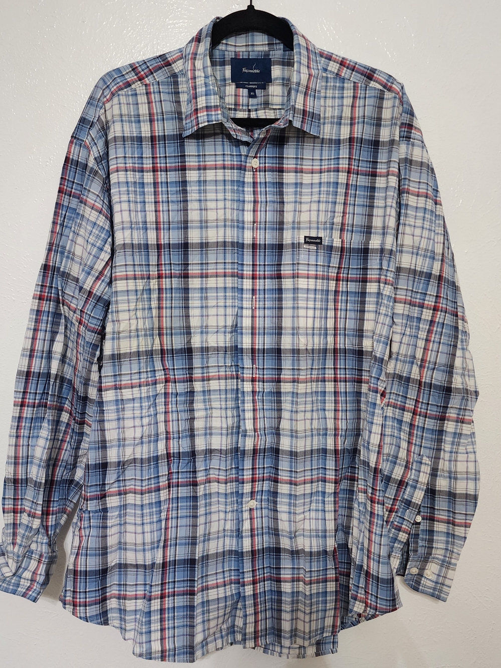 XL - Faconnable Classique Blue, White & Red Plaid Long-Sleeve Button-Down Shirt